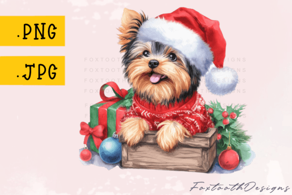 Charming Watercolor Yorkie with Santa Hat: A Festive Design Asset