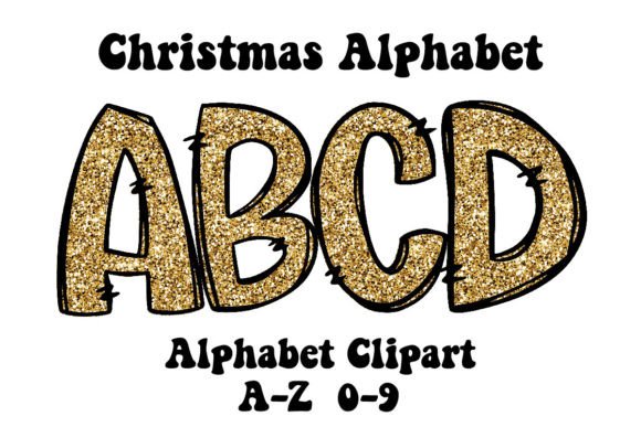 Gold Glitter Christmas Alphabet Doodle: Festive Design Asset